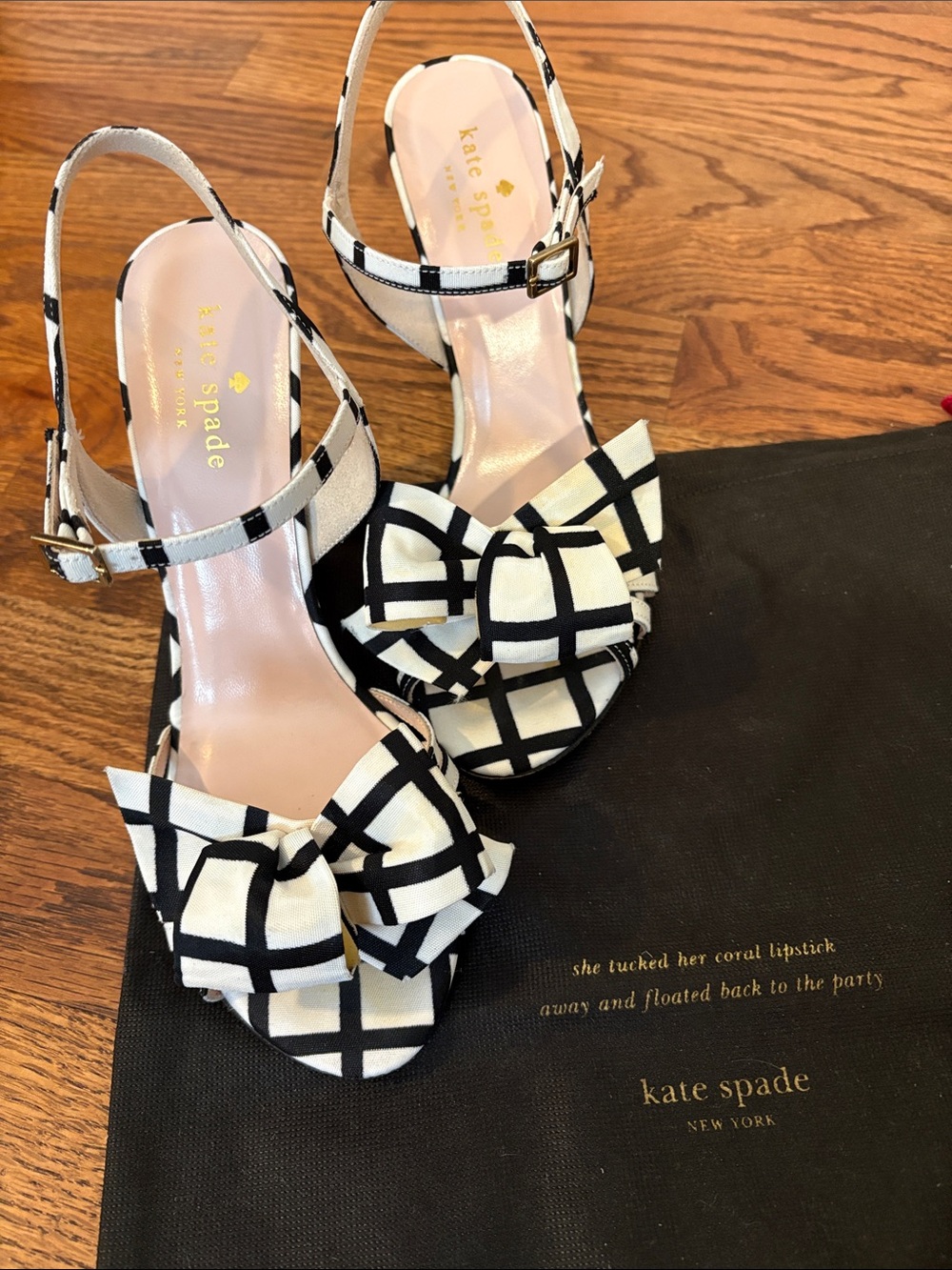 kate spade Black and White Grid Bow Slingback Sandals